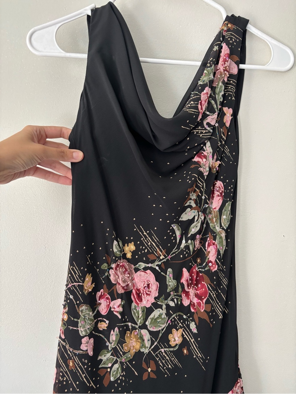 Y2K Black Asymmetrical Fairycore Beaded Pink Floral Draped Collar Dress - Small - Picture 6 of 15